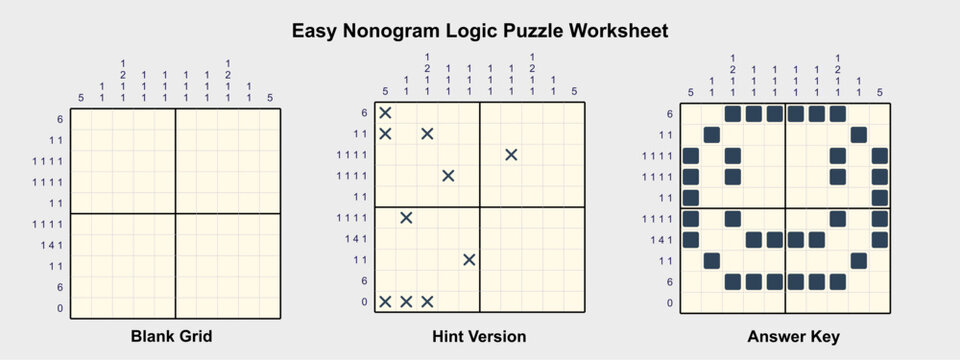 Easy nonogram logic puzzle worksheet with blank grid, clue example and smile answer key. Printable brain teaser promotes logical thinking and education