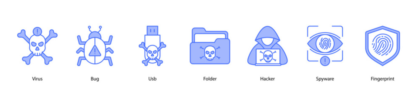 Cyber Threats web banner icon vector illustration featuring Virus, Bug, USB, Folder, Hacker, Spyware, and Fingerprint.