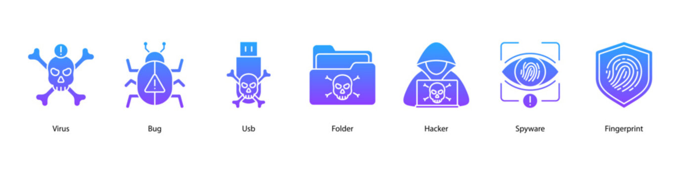 Cyber Threats web banner icon vector illustration featuring Virus, Bug, USB, Folder, Hacker, Spyware, and Fingerprint.