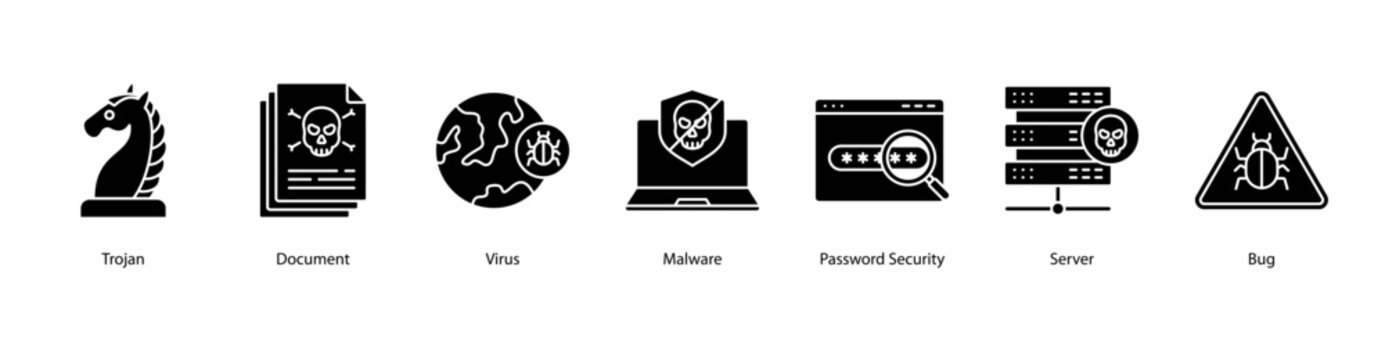 Data Protection web banner icon vector illustration featuring Trojan, Document, Virus, Malware, Password Security, Server, and Bug.