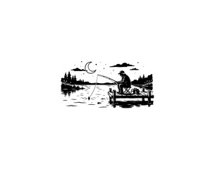 Obraz premium Moonlit fishing scene, black silhouette, night landscape, outdoor activity, vector illustration