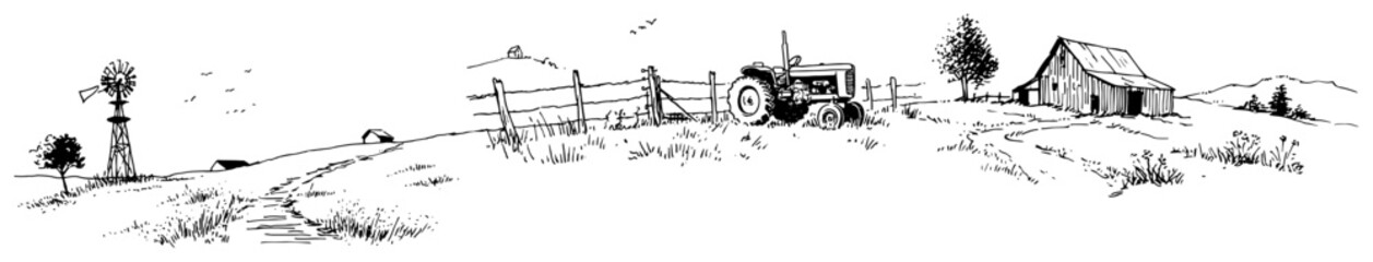Farm landscape with barn and tractor in vintage hand drawn sketch style © Celestynka