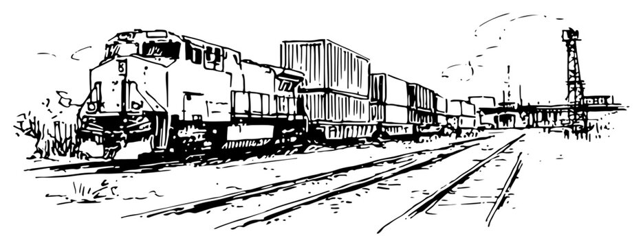 Freight train carrying containers on long railway tracks in industrial sketch style