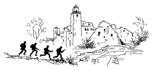 Obraz premium Soldiers patrolling past ancient fortress ruins minimalist sketch style