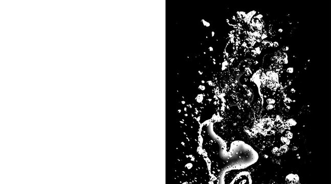 Abstract water splash on black background, liquid droplets and spray texture, dynamic fluid motion for alpha channel mask and overlay design