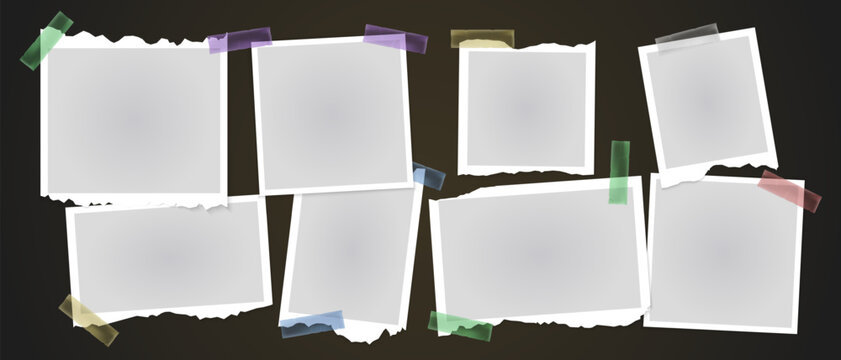 Torn paper photo frame collage set. Vintage comic scrapbook background layout board grid template. Realistic travel painting sketch wall poster presentation design vector.