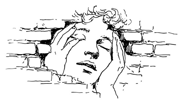 Human face emerging from brick wall with hands on temples in hand drawn sketch style