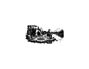Fototapeta premium Vintage fishing scene, black and white illustration, outdoor activity, vector graphic