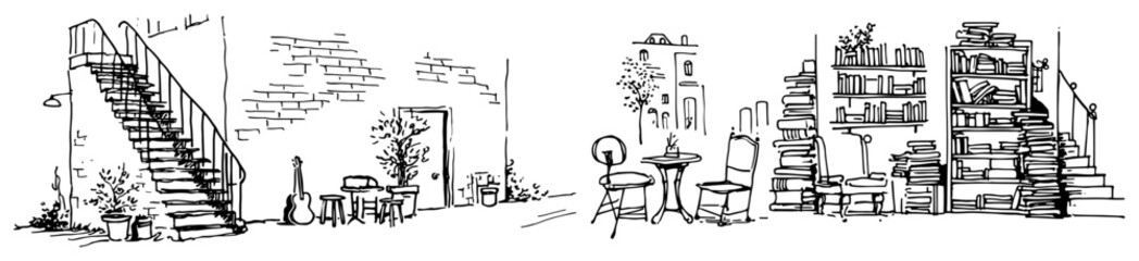 Cozy bookstore interior with bookshelves cafe seating and stairs panorama minimalist sketch style © Celestynka