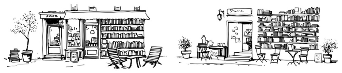 Street side bookstore storefront with outdoor cafe seating and bookshelves panorama minimalist sketch style © Celestynka