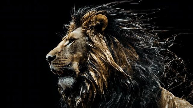 Surreal abstract majestic lion formed by swirling liquid gold and obsidian fluid dynamics on a black background