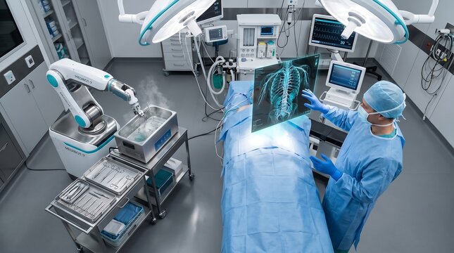 Robotic arm sterilizing surgical instruments in modern operating room with surgeon