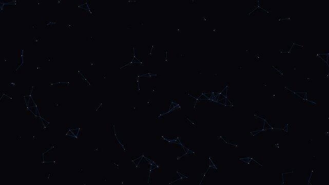 Futuristic constellation network, glowing blue polygon star lines drifting in slow motion, dark space background with floating points and subtle parallax, symbolizing digital connectivity and innovati