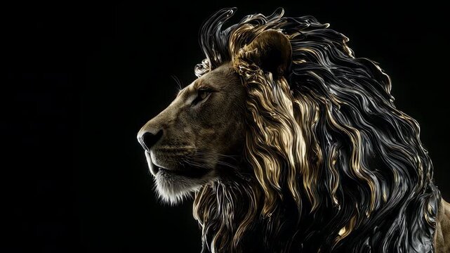 Surreal abstract majestic lion formed by swirling liquid gold and obsidian fluid dynamics on a black background