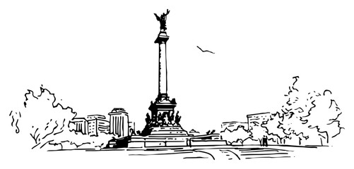 Large victory monument standing in a city square with trees and buildings in line art sketch style © Celestynka