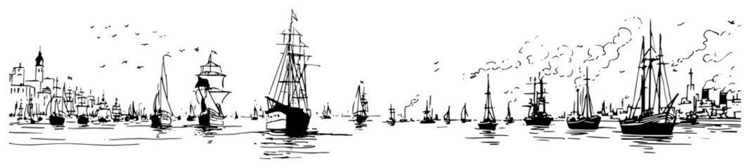 Sailing ships and vessels in harbor near coastal city in hand drawn ink sketch style © Celestynka