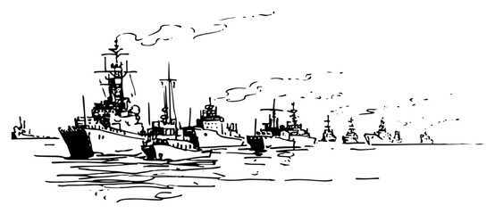 Fleet of naval warships and battleships moving through sea in hand drawn ink sketch style © Celestynka