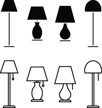 Minimalist Black and White Modern Lamp Icons Showing Different Table Lamp minimalist-design interior-decoration home-office modern-furniture vector-illustration