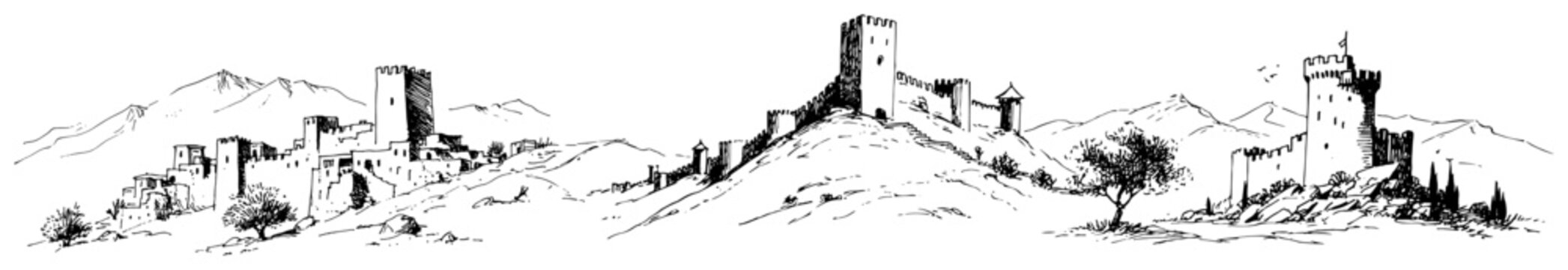 Medieval fortress panorama with castle towers and mountains in historical landscape sketch style