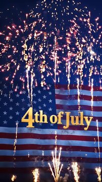 4th of July Fireworks Display Over American Flag - A vibrant display of red fireworks bursts across a dark night sky, set against a backdrop of the American flag.