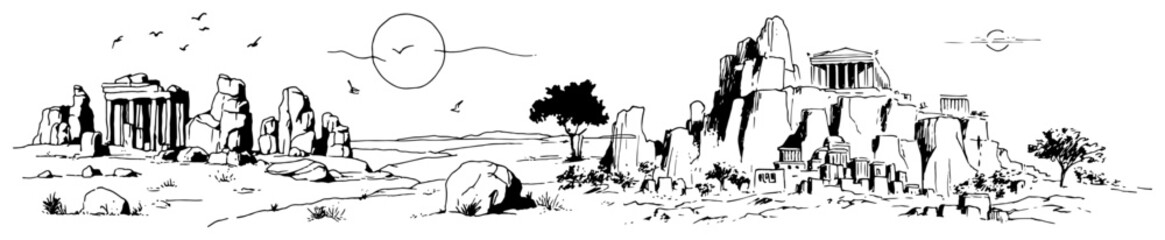 Obraz premium Ancient temple ruins and columns on rocky landscape in hand drawn ink sketch style