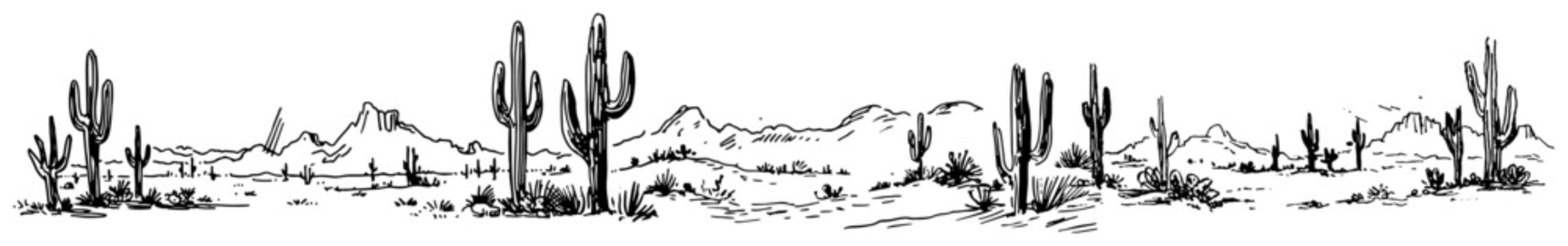 Desert landscape with saguaro cacti and rocky mountains in hand drawn sketch style