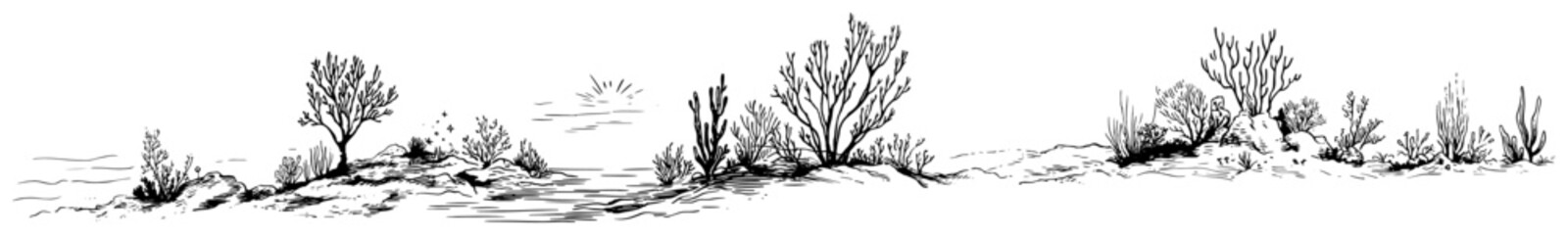 Coastal landscape with low bushes and rocky ground in hand drawn ink sketch style © Celestynka