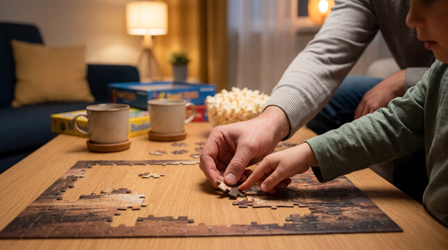 puzzle piece hands activity focus intimate detail lifestyle concept detail intimate angle emphasizes precise detail gentle mood and quiet storytelling hands placing final pieces into a nearly complete