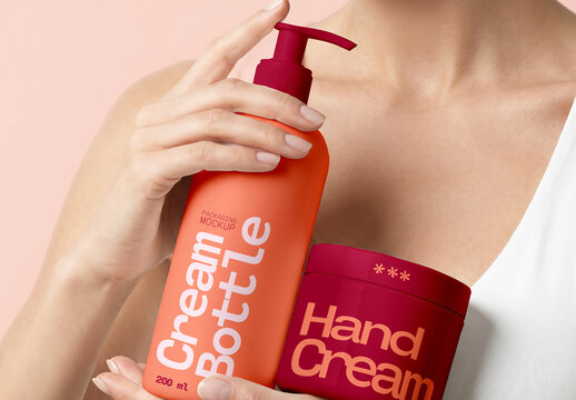 Skincare Bottle and Cream Jar Mockup Held by Model