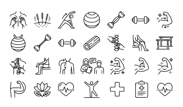 Physiotherapy line icon vector set with rehabilitation massage and acupuncture symbols