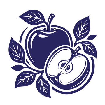 Graphic illustration of fresh apples with leaves and sliced apple half in monochromatic dark blue design botanical illustration silhouette monochrome wholesome