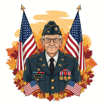 Illustration of an elderly male American military veteran in formal dress uniform with medals and garrison cap, flanked by US flags and autumn maple leaves on a white background.