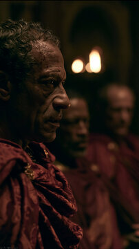 Julius Caesar confronted by senators during a tense moment in the Roman Senate