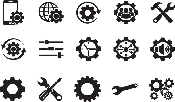Settings gear icon set with mechanism, update, technique and maintenance vector EPS design