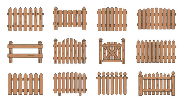 Collection of various wooden fence designs and gates for landscaping and decoration
