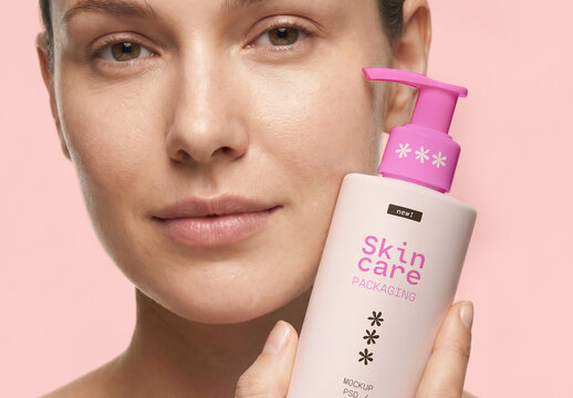 Skincare Pump Bottle Mockup Held by Model