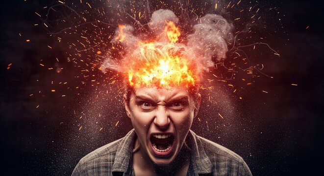 Exploding head with fire and smoke, representing stress and anger
