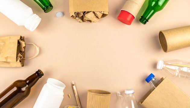 Recyclable waste materials on table.