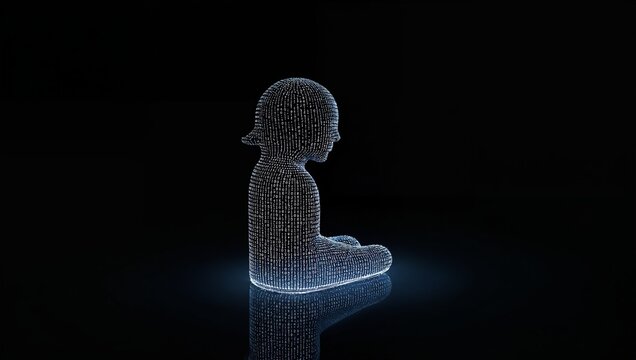Conceptual glass human profile with glowing binary code streams for data privacy