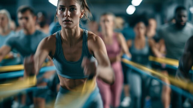 Energetic group of diverse adults using resistance bands in an indoor bootcamp captured with dynamic motion blur and sharp focus on the lead athlete.