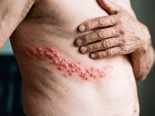 Naklejka premium Un dettaglio del tronco di un paziente affetto da herpes zoster che mostra una striscia continua di vescicole arrossate e tese lungo la linea di una costola mentre l'uomo avvicina la mano senza toccar