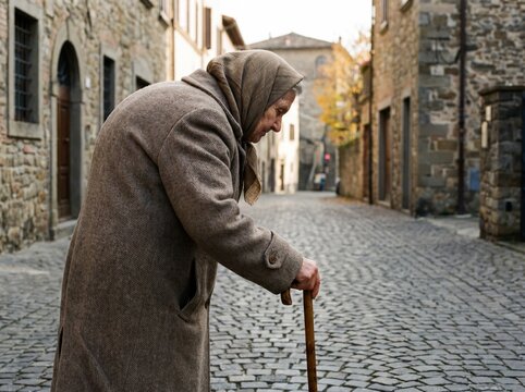 Una donna anziana affetta da osteoporosi vista di profilo mentre cammina evidenziando una marcata curvatura della parte alta della schiena, cammina lentamente aiutandosi con un bastone da passeggio, f
