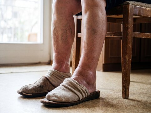 Un dettaglio dei piedi e delle caviglie di una persona anziana affetta da insufficienza cardiaca cronica seduta su una sedia, la pelle &egrave; tesa e le caviglie sono vistosamente gonfie con il segno lascia