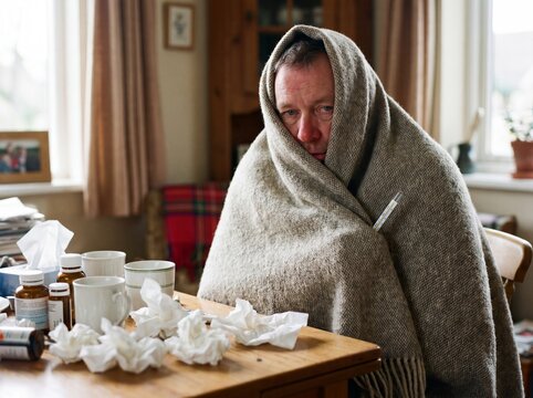 Un piano medio di un uomo colpito da influenza avvolto in una pesante coperta di lana fin sopra la testa, ha il naso arrossato e un termometro sotto l'ascella mentre sul tavolo ci sono fazzoletti usat