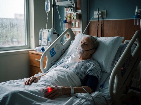 Un piano medio in una stanza d'ospedale di un paziente con polmonite acuta, indossa una maschera per l'ossigeno trasparente che si appanna a ogni respiro corto mentre un saturimetro sul dito emette un