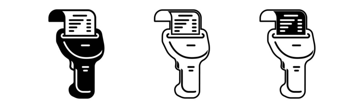 Barcode scanner icons in three styles showcasing a handheld device scanning a receipt or label with a paper roll