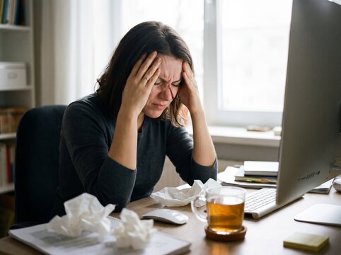 Una donna affetta da sinusite acuta seduta alla scrivania tiene la testa appoggiata tra le mani, i pollici stringono con forza la radice del naso tra gli occhi per alleviare la dolorosa sensazione di