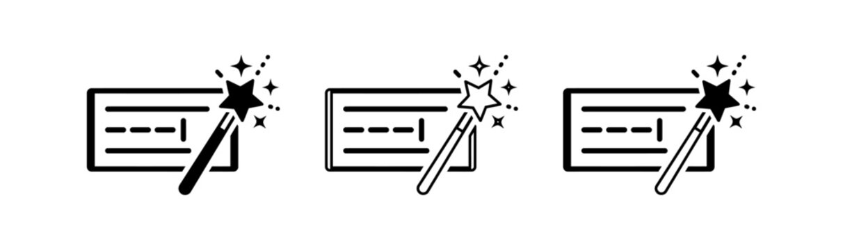 Three black and white icons of magic wands with stars and credit cards