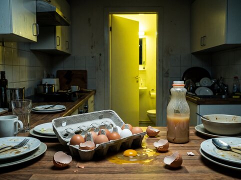 Una cucina domestica in disordine che evoca una salmonellosi con un cartone di uova aperte sul bancone e sullo sfondo sfocato la porta del bagno accostata da cui proviene una luce accesa a tarda notte