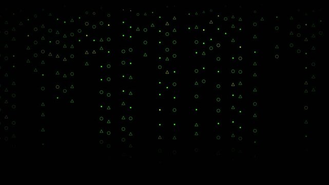 Digital network particle background, glowing green circles and triangles drifting in seamless loop, dark cinematic tech atmosphere, symbolizing connectivity, data flow, and futuristic innovation